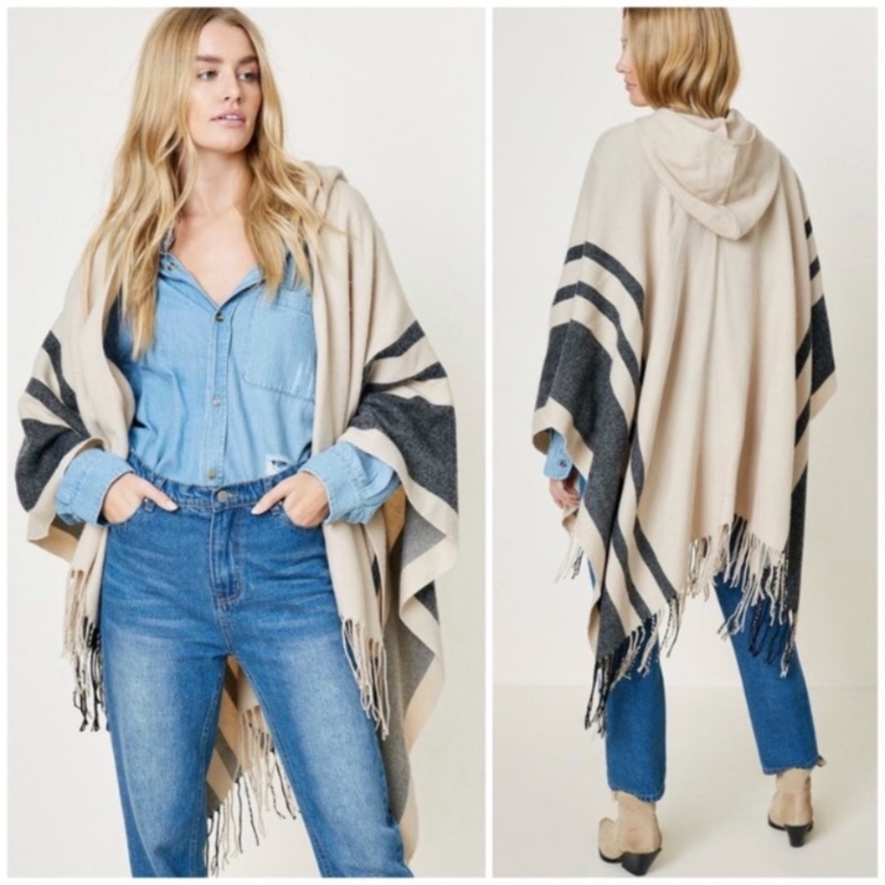 SOLD OUT Cream Hooded Fringe Striped Sweater Shawl Wrap - Picture 1 of 2